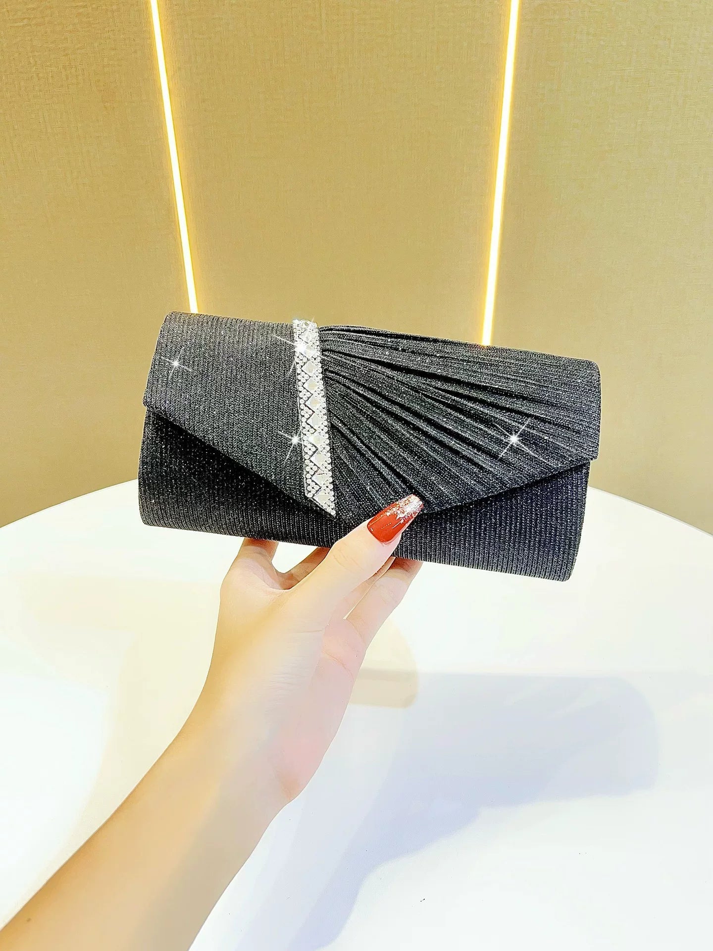 Rhinestone Pleated Evening Clutch Bag for Women – Small Envelope Handbag for Formal Events