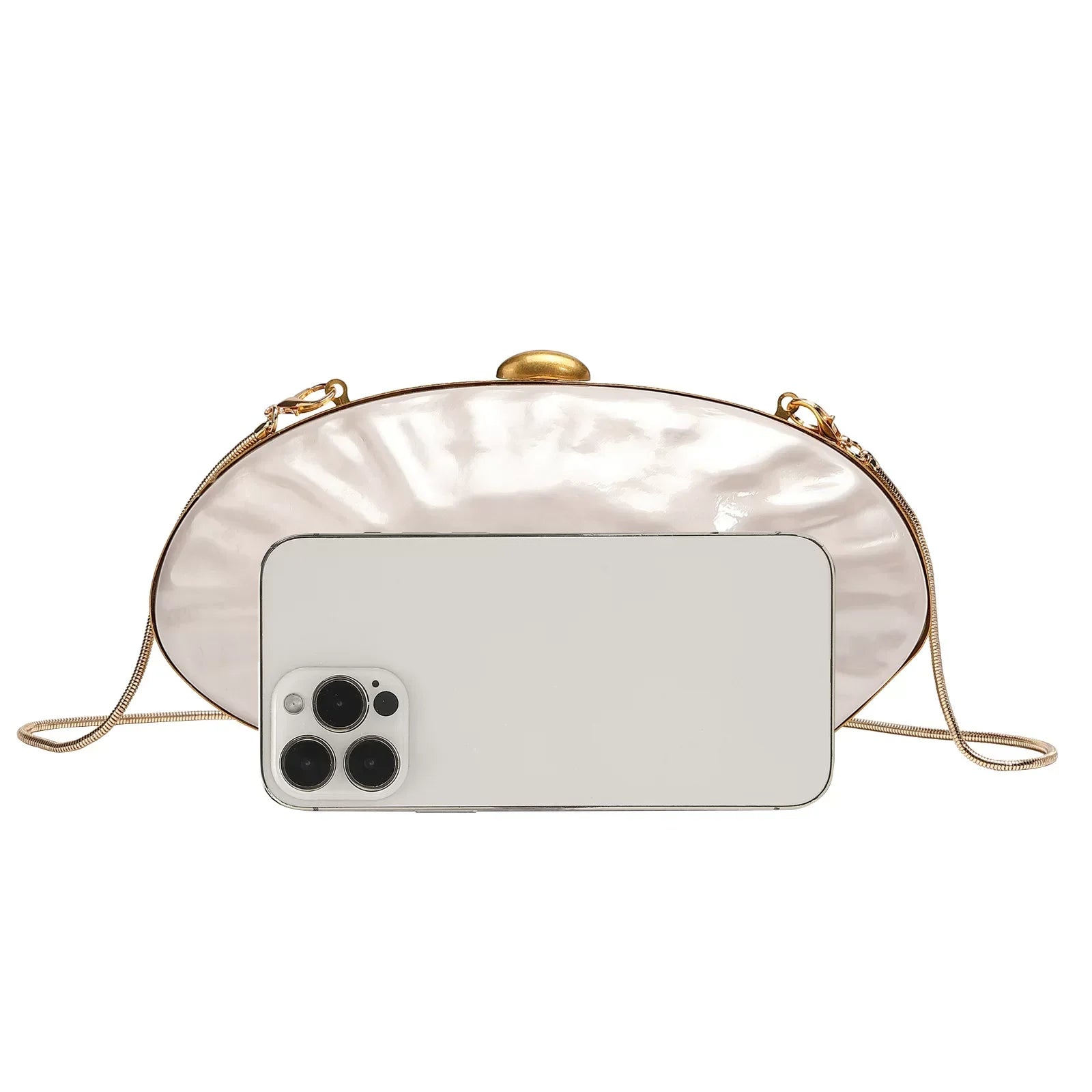 Elegant Pearl White Oval Evening Clutch – Gold Chain Shoulder Bag for Women