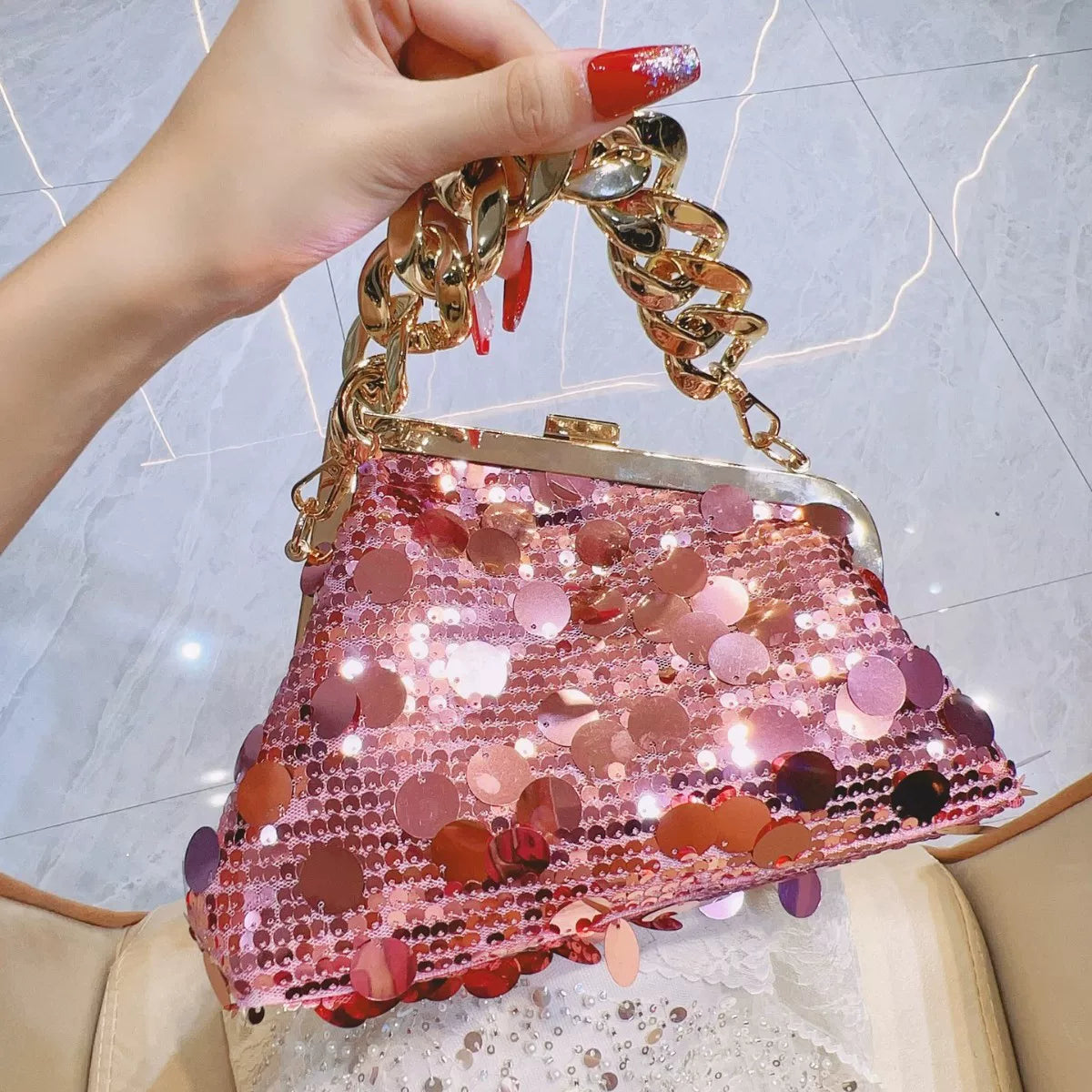 Shiny Pink Sequin Handbag – Chic Chain Handle Evening Bag for Women