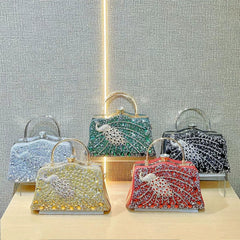 Peacock Rhinestone Evening Handbag for Women – Top Handle and Chain Strap Formal Clutch