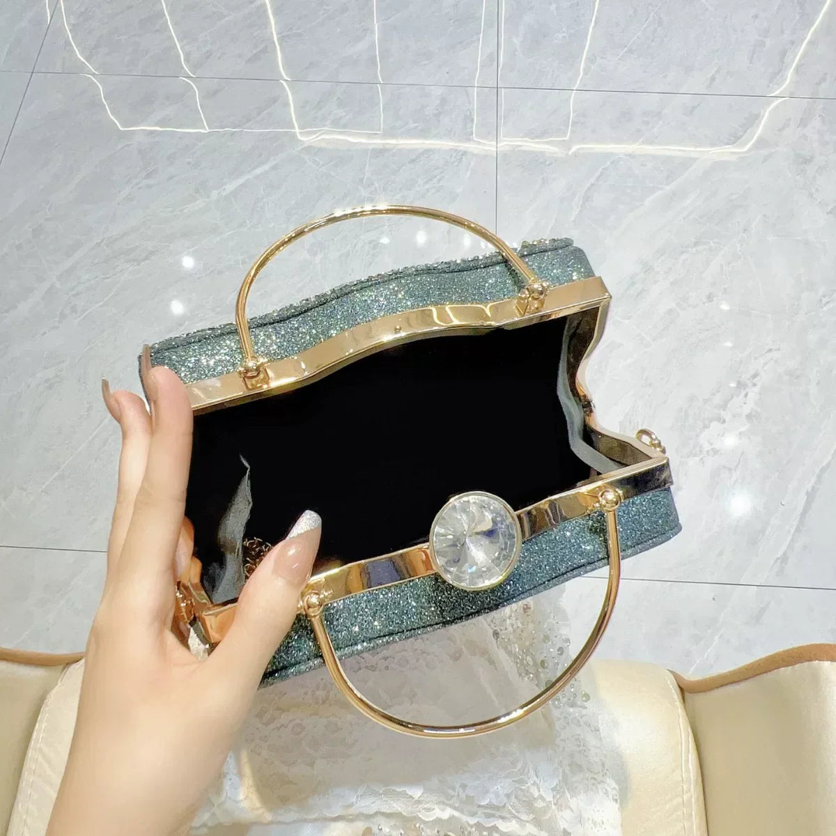 Peacock Rhinestone Evening Handbag for Women – Top Handle and Chain Strap Formal Clutch