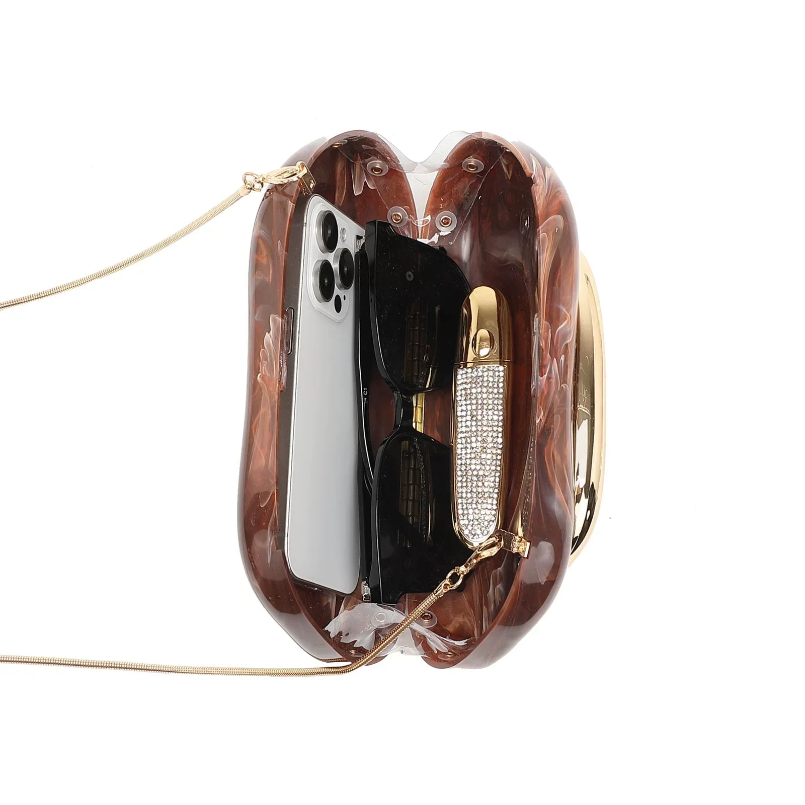 Elegant Brown Marble Acrylic Clutch Bag – Gold Handle Crossbody Purse for Women