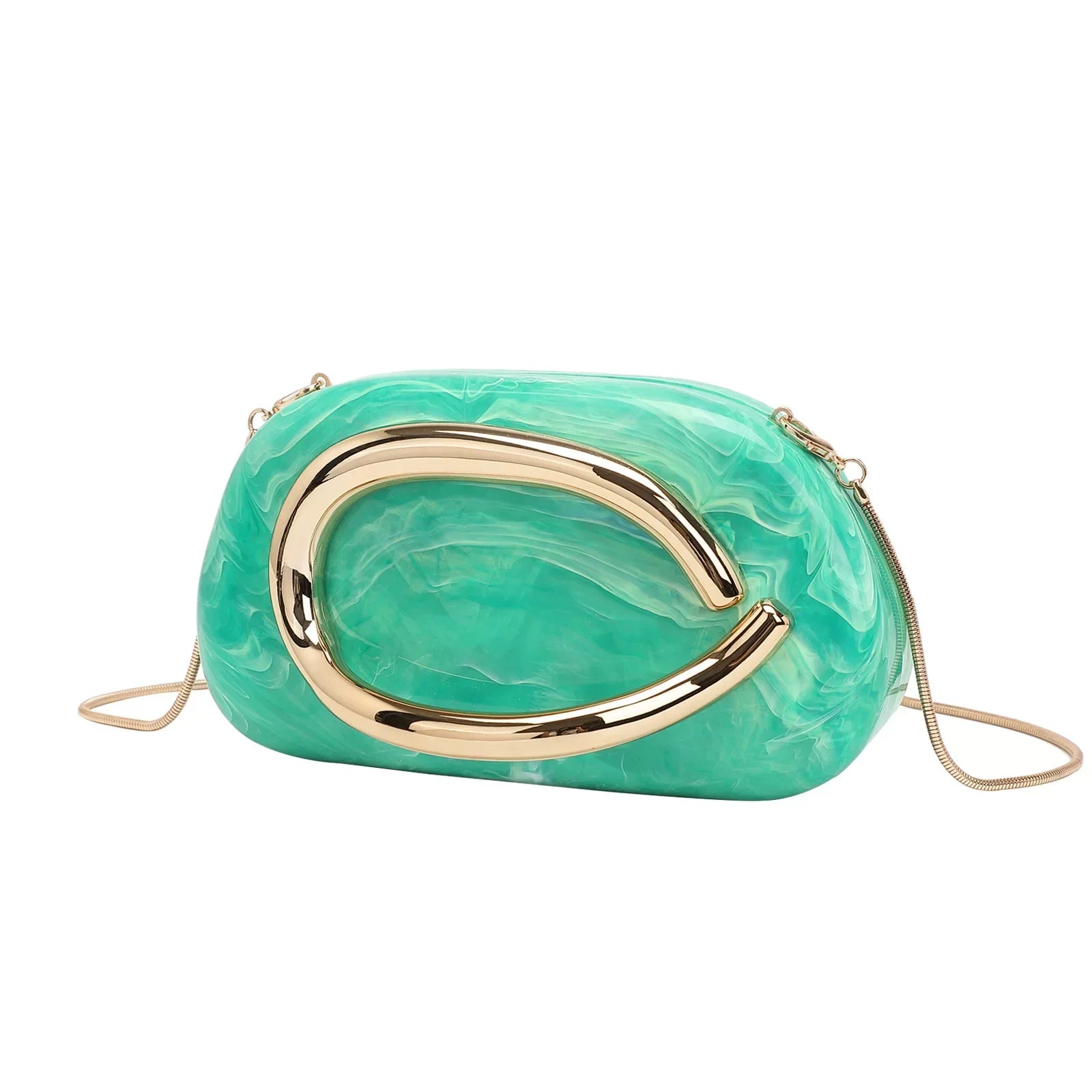 Elegant Brown Marble Acrylic Clutch Bag – Gold Handle Crossbody Purse for Women