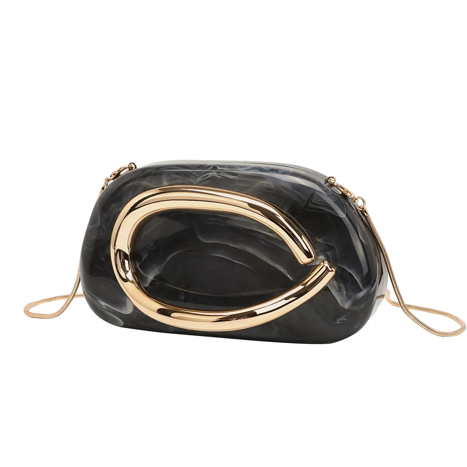 Elegant Brown Marble Acrylic Clutch Bag – Gold Handle Crossbody Purse for Women