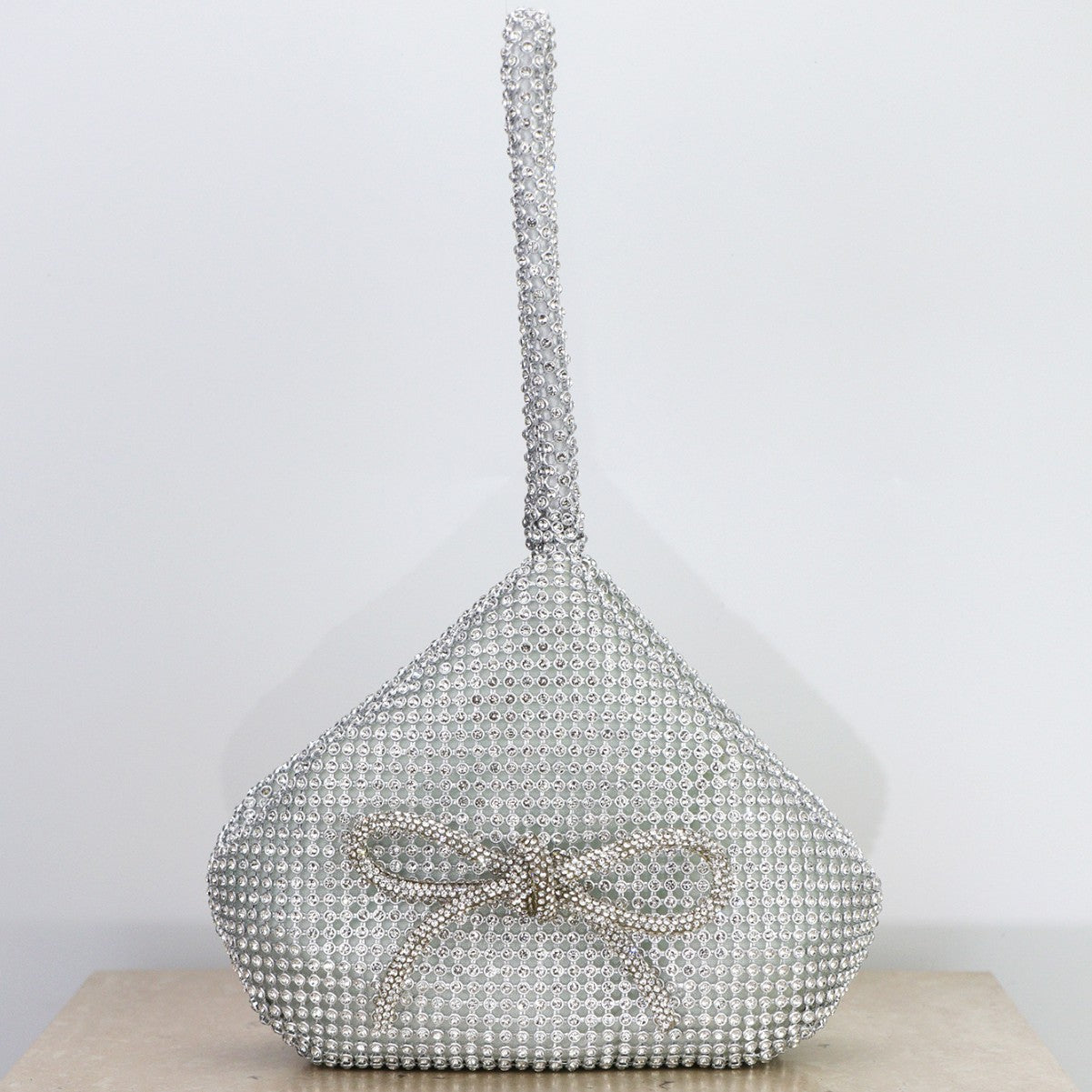 Elegant Crystal Rhinestone Evening Bag – Silver Mesh Clutch with Bow Detail