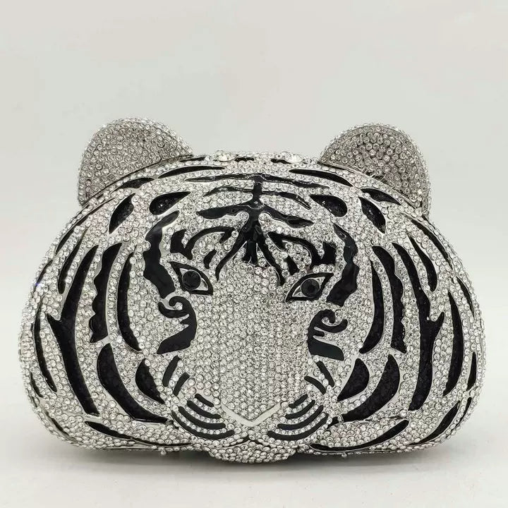 Tiger Rhinestone Bag, High-End Hollow Metal Crystal Dinner Bag, Handmade Diamond Bag, Tiger Head Handbag For Women