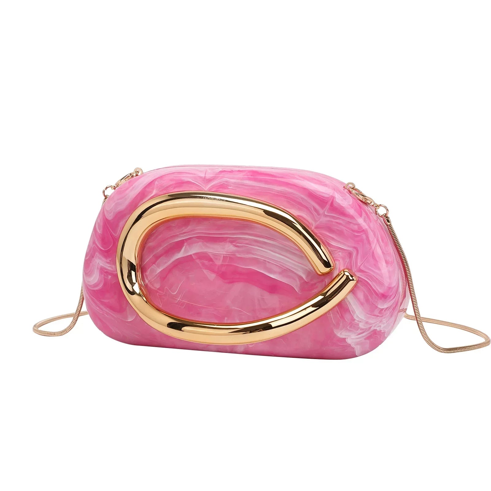 Elegant Brown Marble Acrylic Clutch Bag – Gold Handle Crossbody Purse for Women