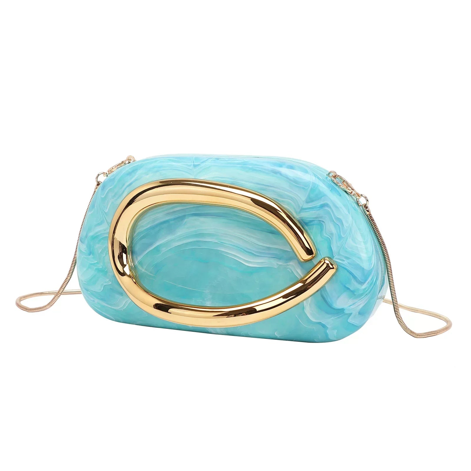 Elegant Brown Marble Acrylic Clutch Bag – Gold Handle Crossbody Purse for Women