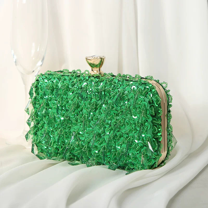 Colorful Ruffled Clutch Bag – Diamond-Embellished Evening Bag for Women, Available in Multiple Colors