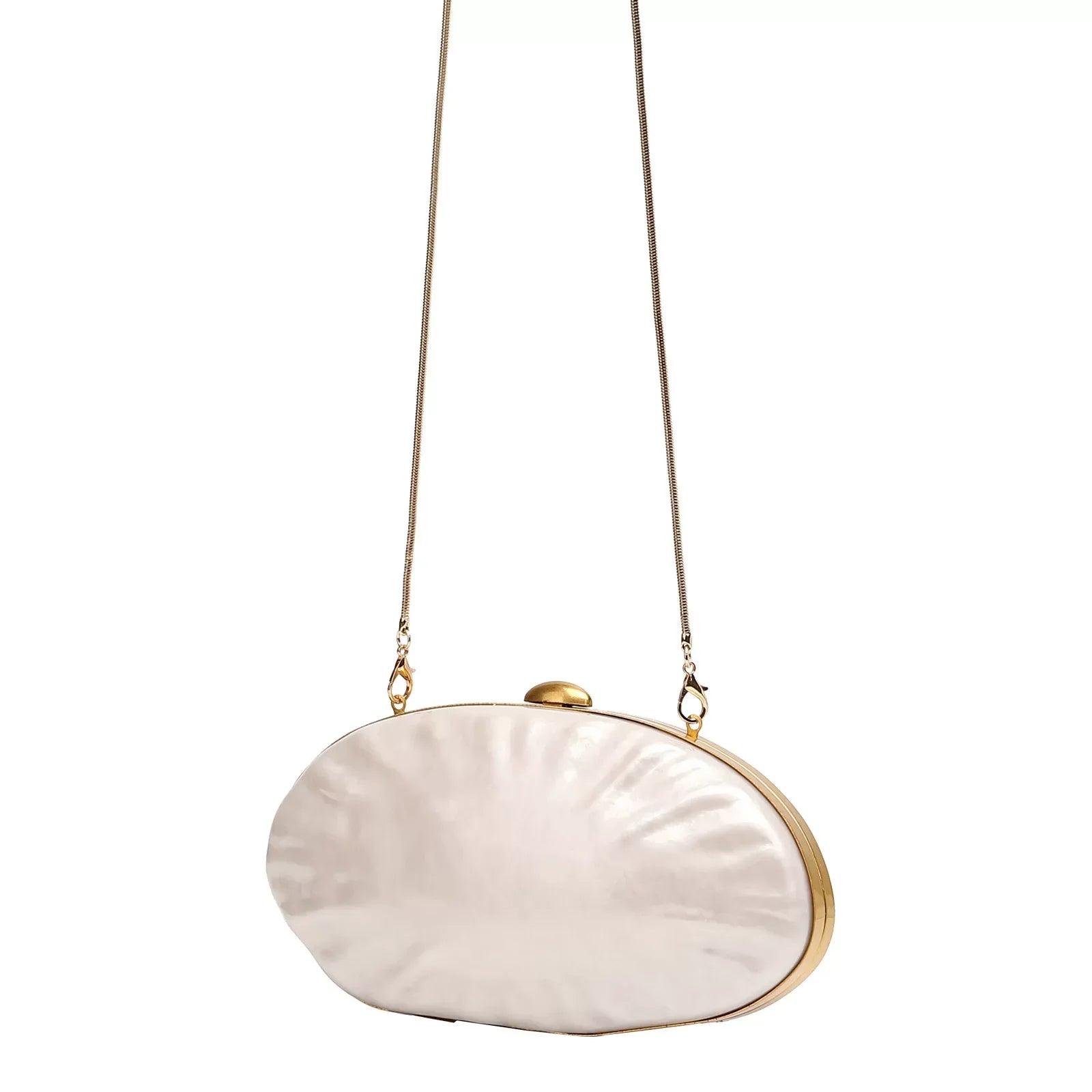Elegant Pearl White Oval Evening Clutch – Gold Chain Shoulder Bag for Women