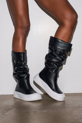 AZALEA WANG SMARTER BLACK RUCHED PU FLAT BOOT