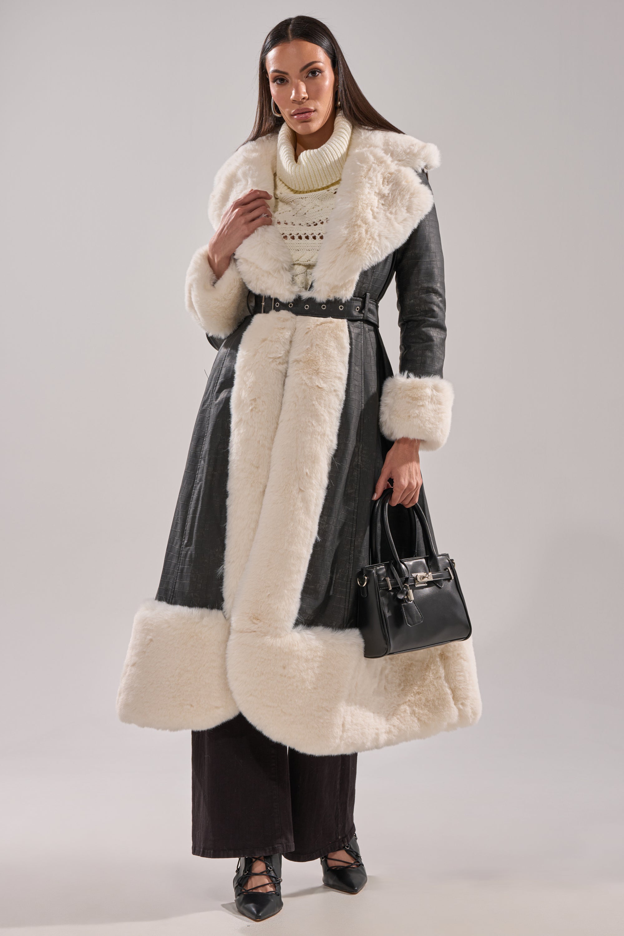VIVIAN FUR TRIM TRENCH IN GREY