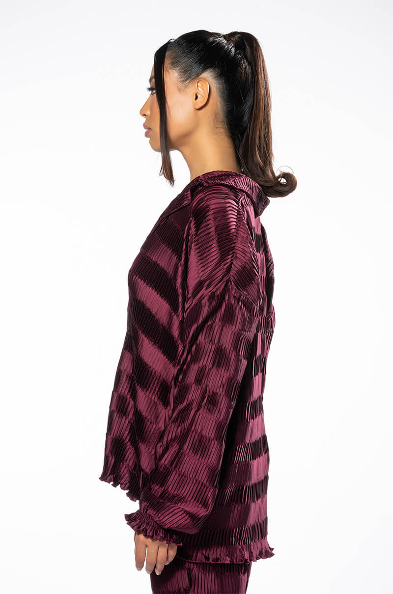 CRINKLE SATIN LONG SLEEVE BUTTON DOWN BLOUSE