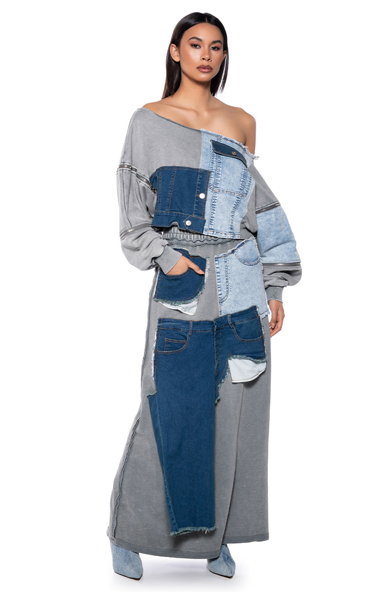 DENIM DREAMS ZIPPER DETAIL MAXI SKIRT