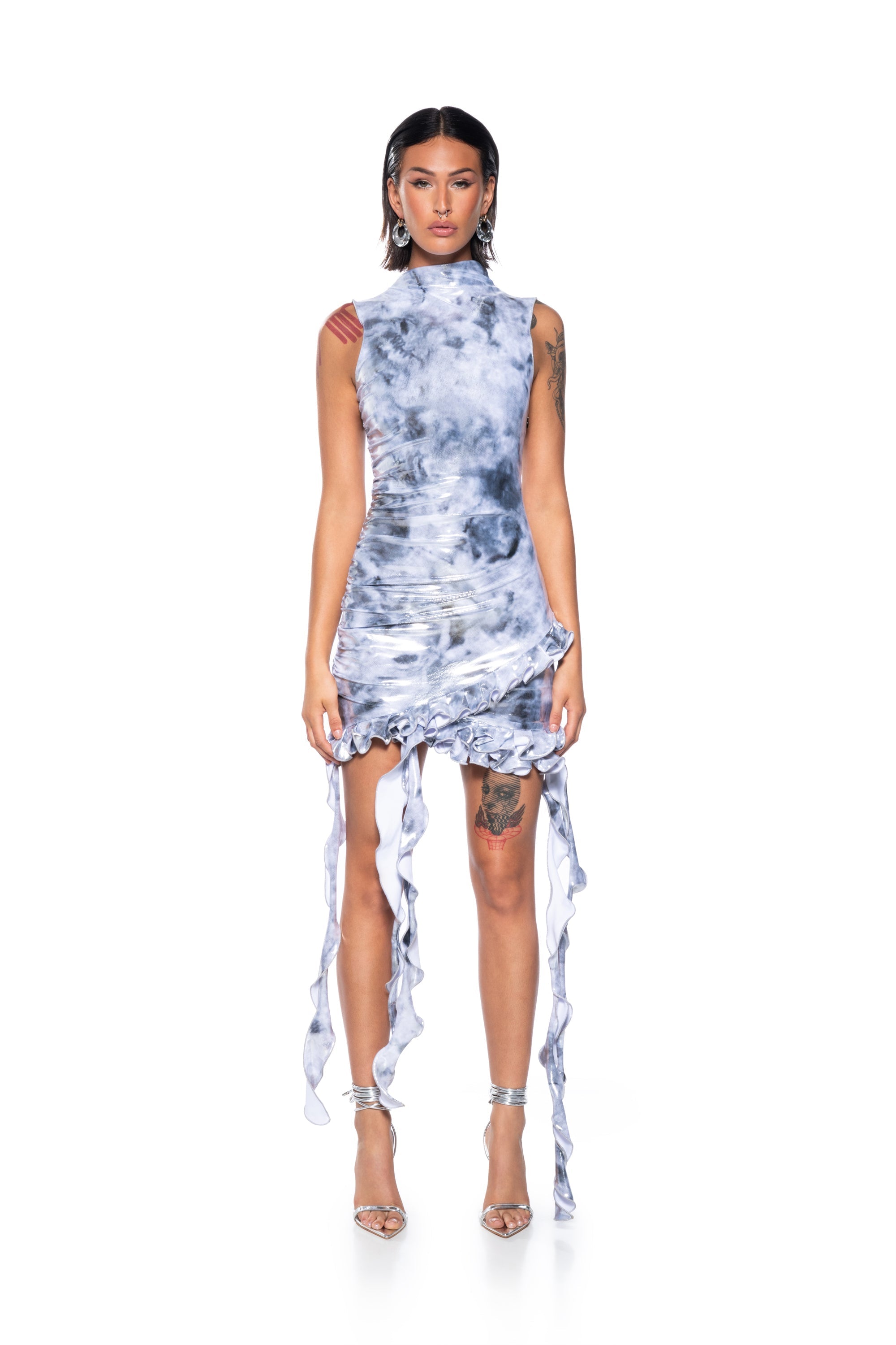 HIT PLAY METALLIC RUFFLE MINI DRESS