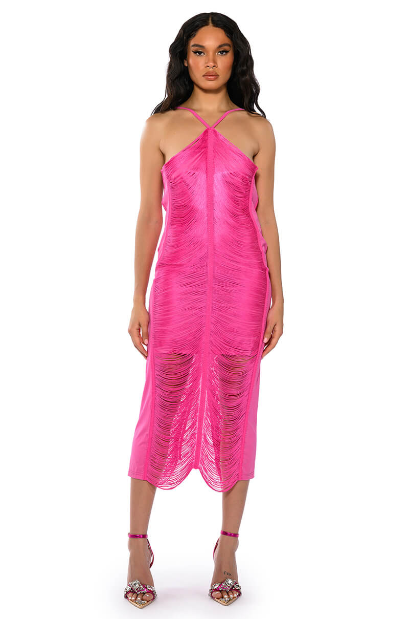 NADINE LOW BACK FRINGE MIDI DRESS