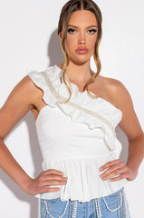 PEARL DETAIL ONE SHOULDER POPLIN PEPLUM BLOUSE
