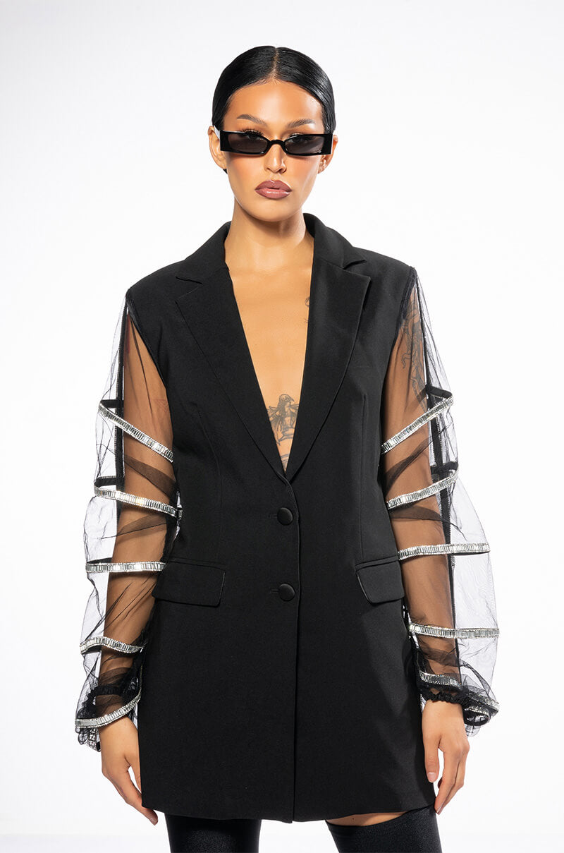 SUGAR AND SPICE MESH RHINESTONE ARM BLAZER