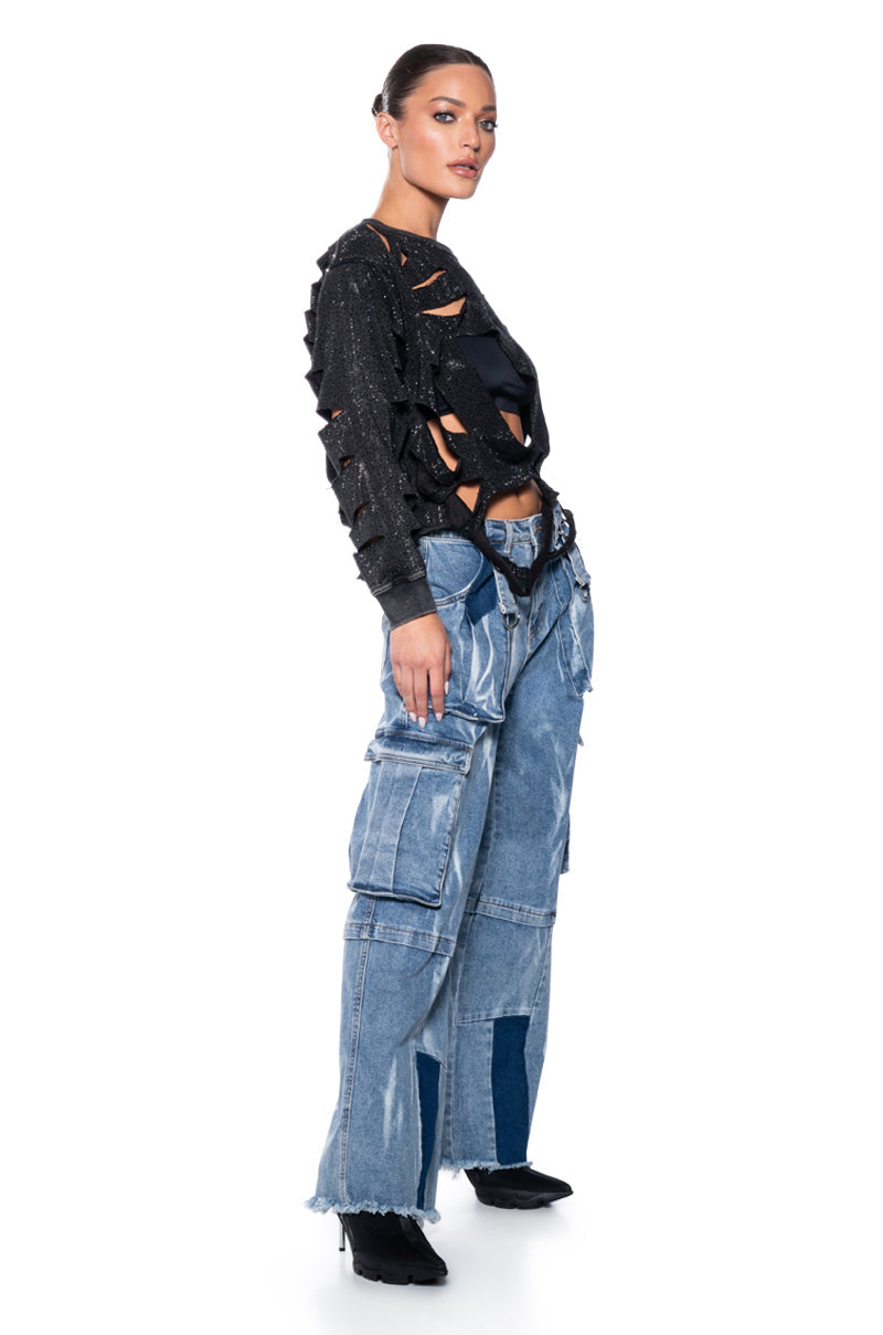THRASHER RHINESTONE SHREDDED SWEATSHIRT